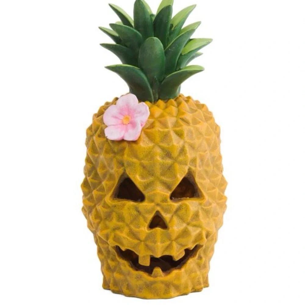 SPOOKY SUMMER 12in LED Resin Pineapple Skull With Floral Accent NWTS